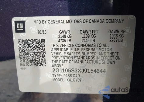 2018 Chevrolet Impala 1Lt from USA, damaged, VIN 2G1105S3XJ9154644